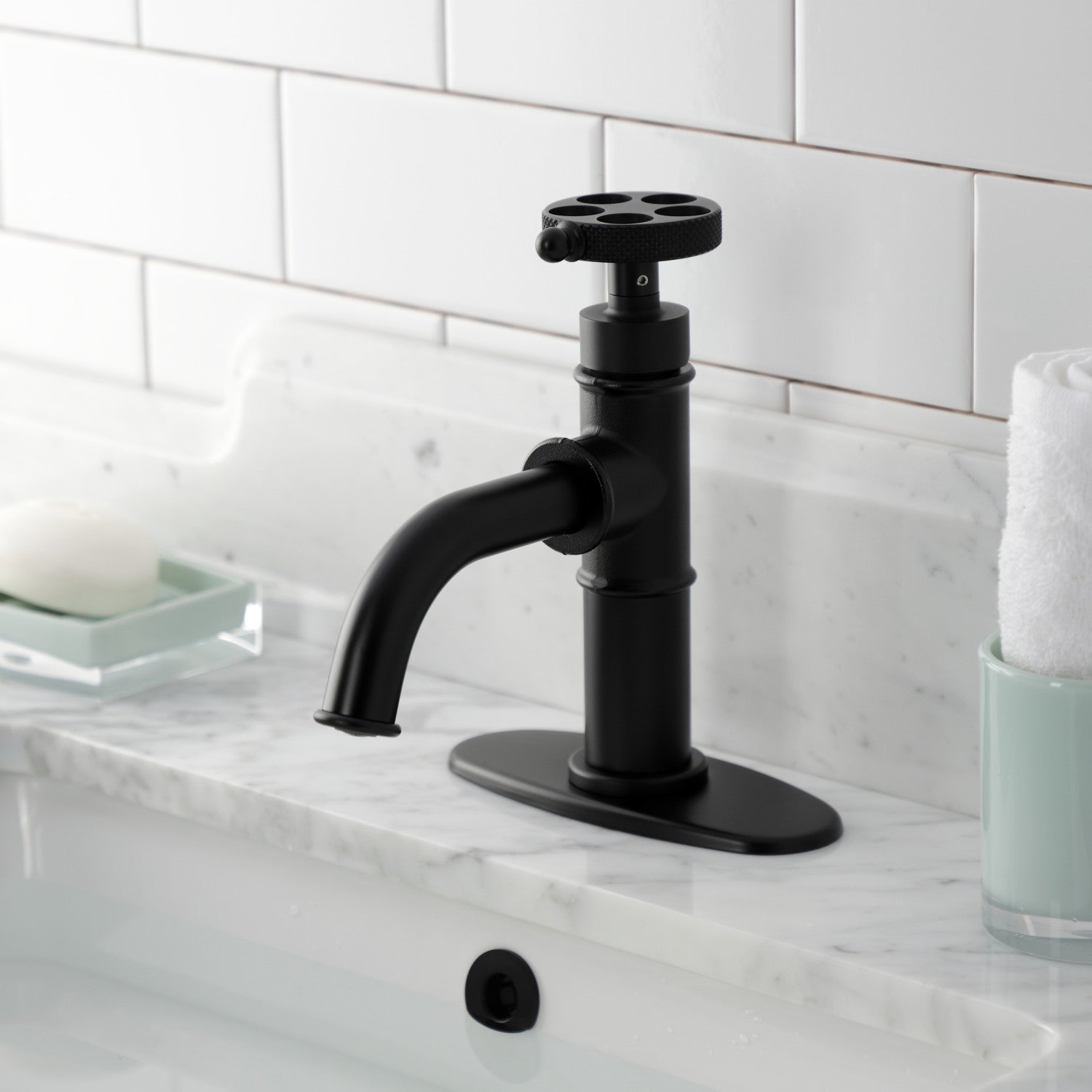 Kingston Sona KSD2820RKX - Webb One-Handle 1-Hole Bathroom Faucet with Knurled Handle, Deck Plate, and Push Pop-Up Drain, Matte Black — thumbnail 2